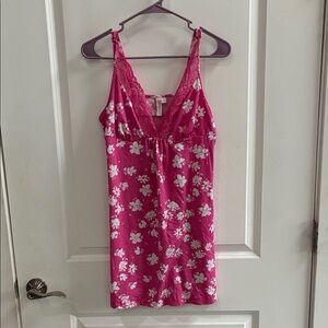 Floral Lace Trim Chemise in Vibrant Pink